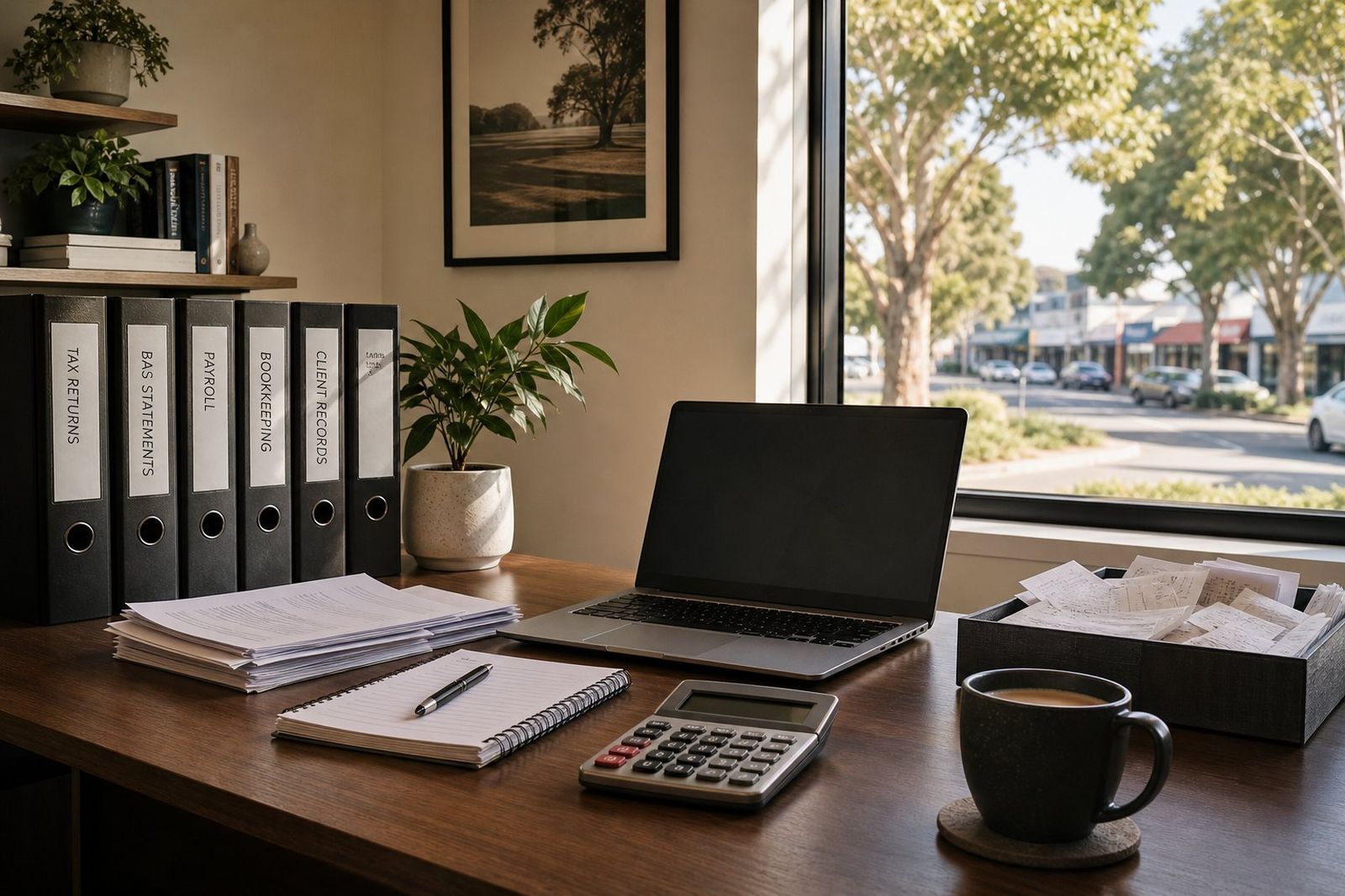 An accountant's desk with ring binders, a calculator, a laptop and a tray of receipts