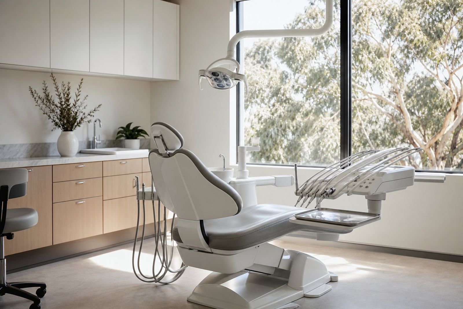 A bright dental surgery with the chair under its light beside a large window