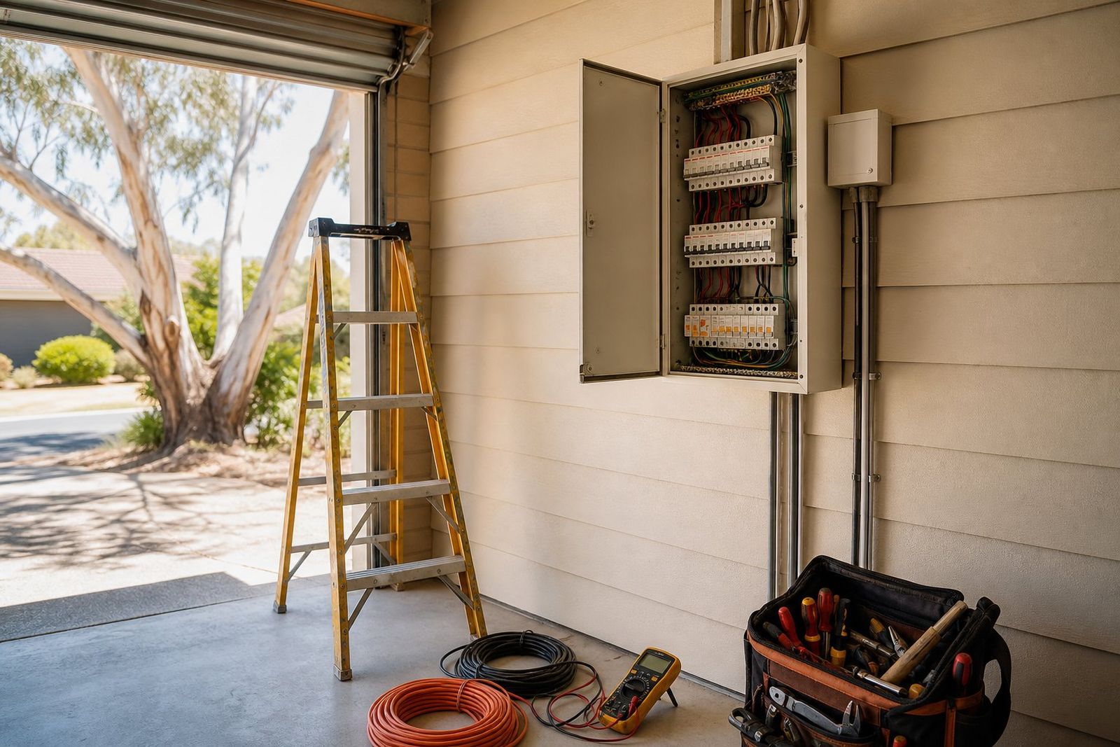 An open home switchboard with new circuit breakers, a stepladder and coils of cable in a suburban garage