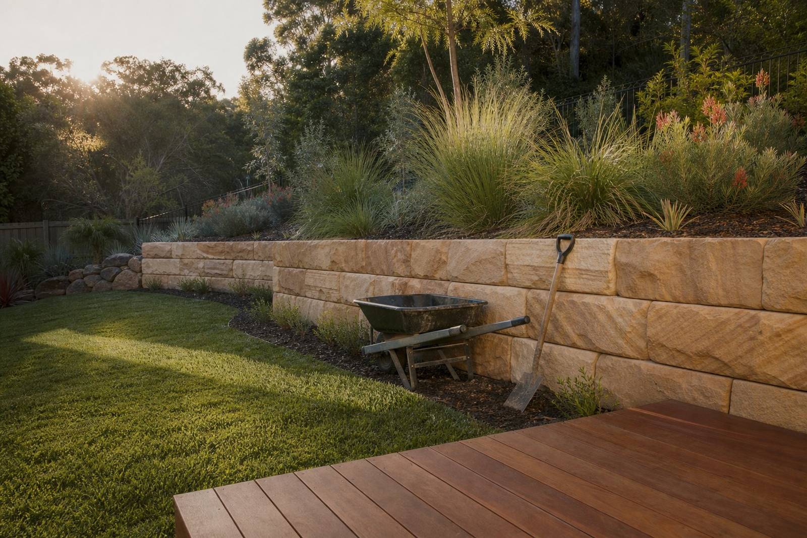 A new backyard with a sandstone retaining wall, fresh turf and native plantings