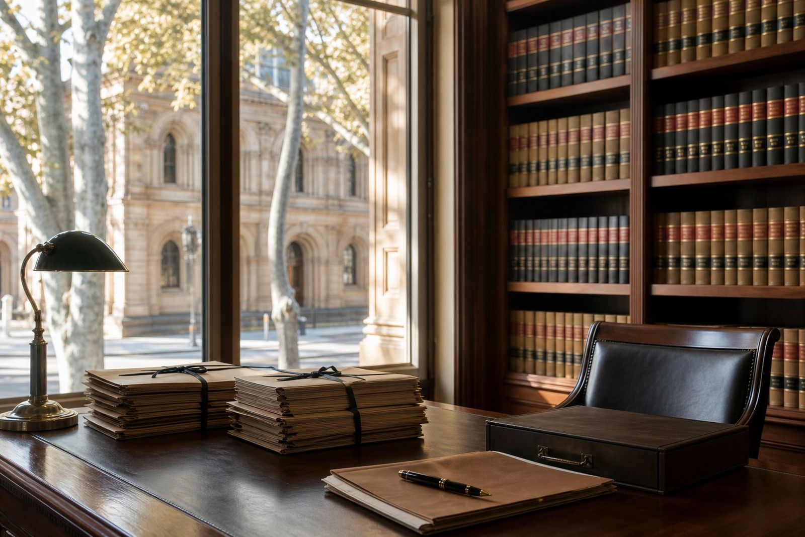 A law office desk with tied legal files and bound law reports, a sandstone courthouse through the window