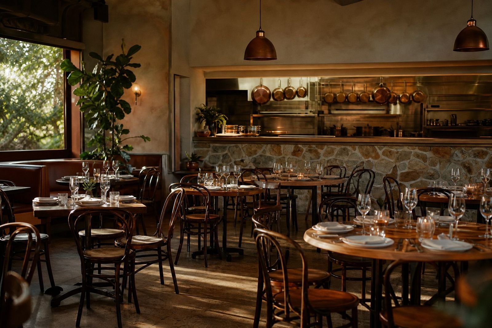 A restaurant dining room set for dinner, with an open kitchen pass behind