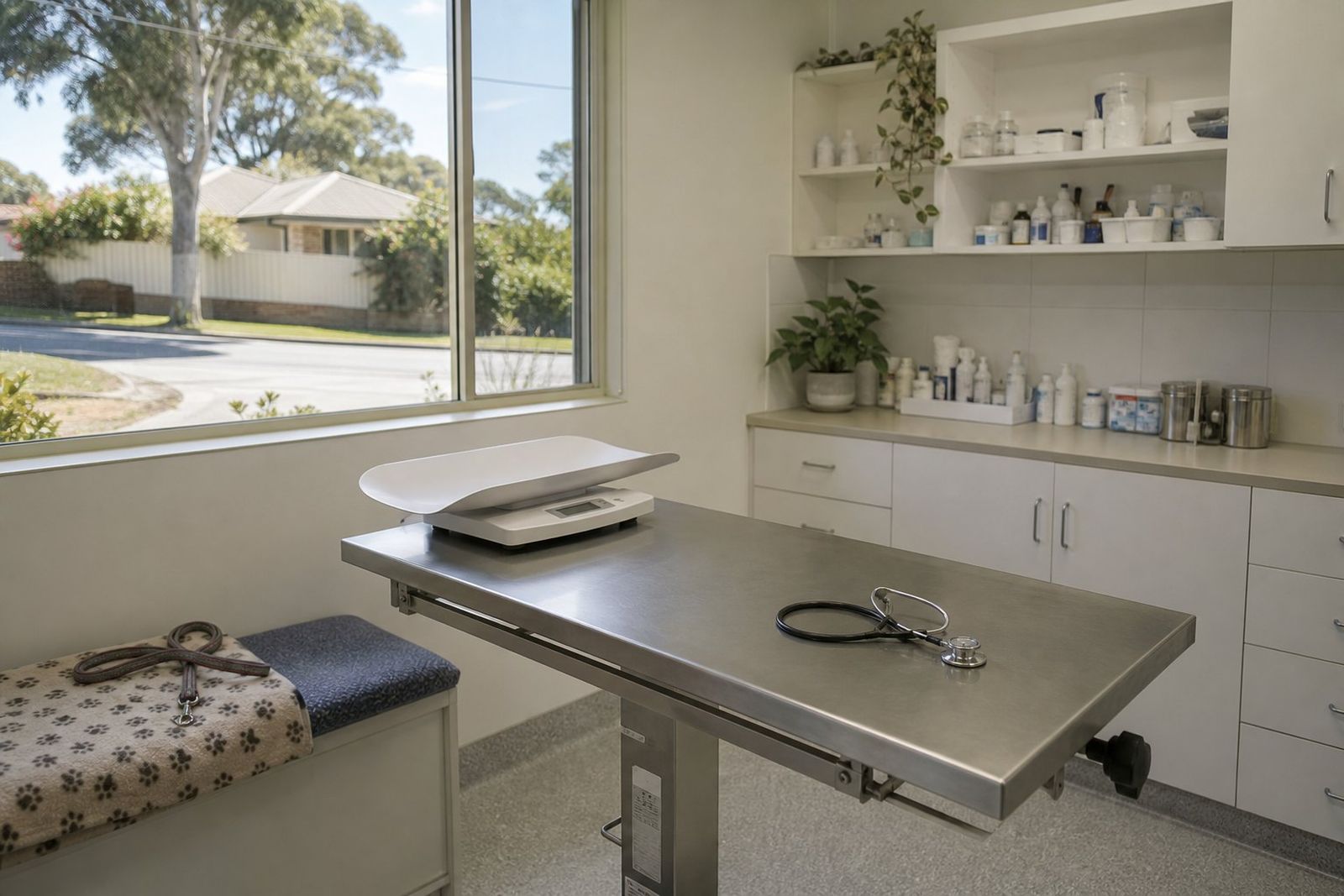 A veterinary consulting room with a steel examination table, a pet scale and a stethoscope