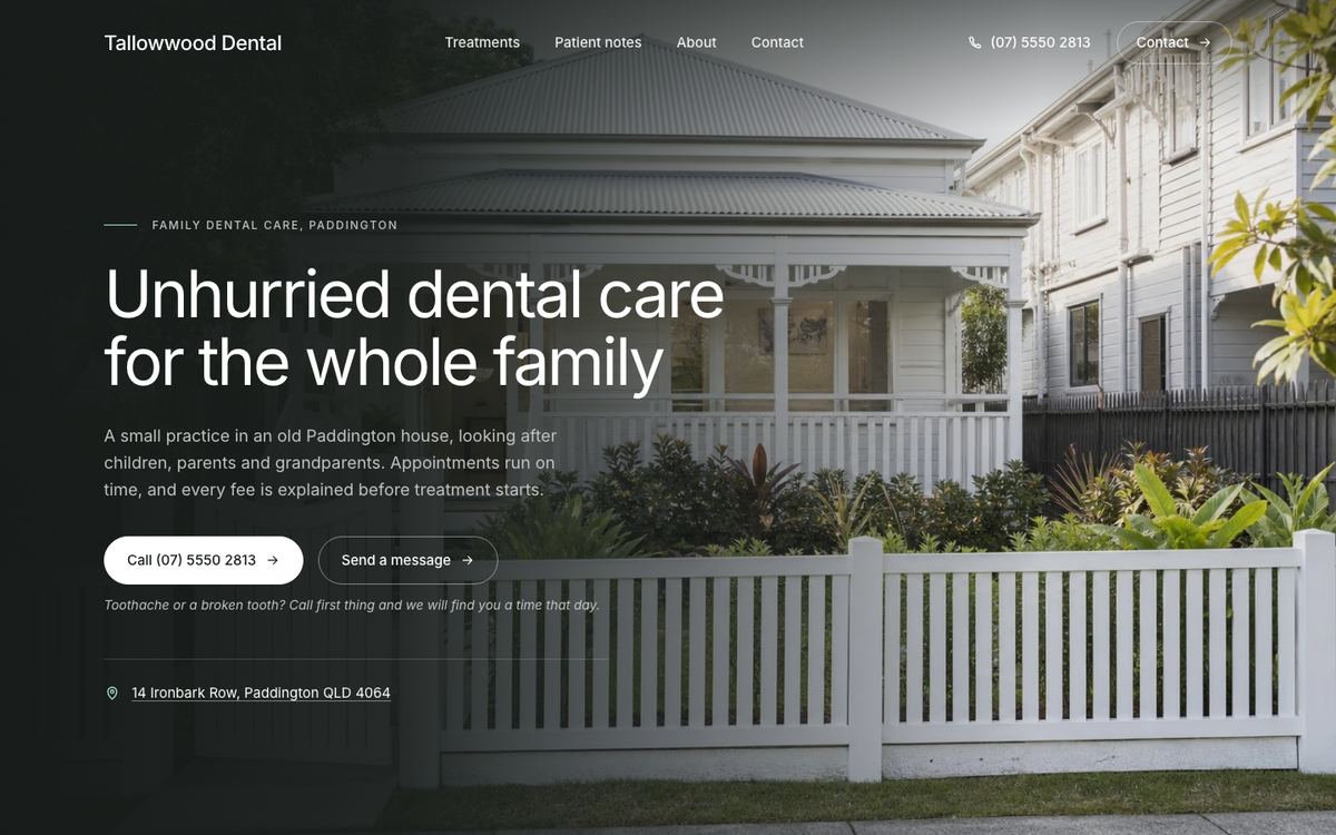The first screen of the Tallowwood Dental sample site: a dark veil over the practice