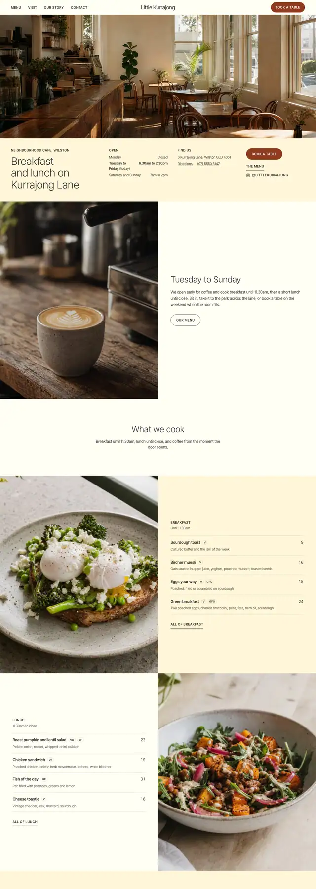 The Little Kurrajong sample website: daylight, butter and the hours up top. Opens the live sample.