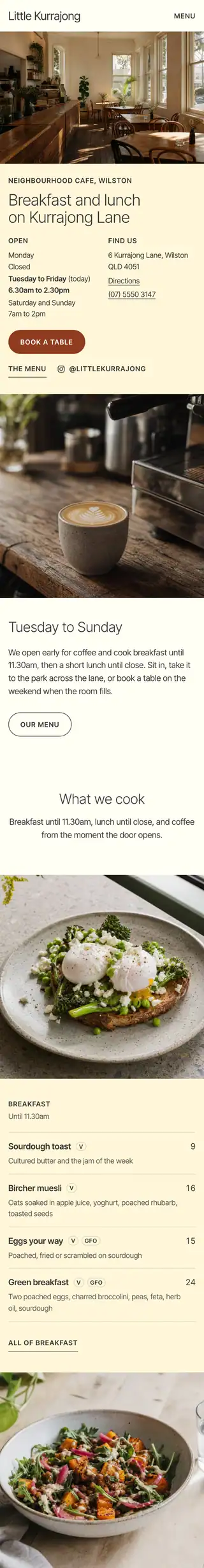 The Little Kurrajong sample website: daylight, butter and the hours up top. Opens the live sample.