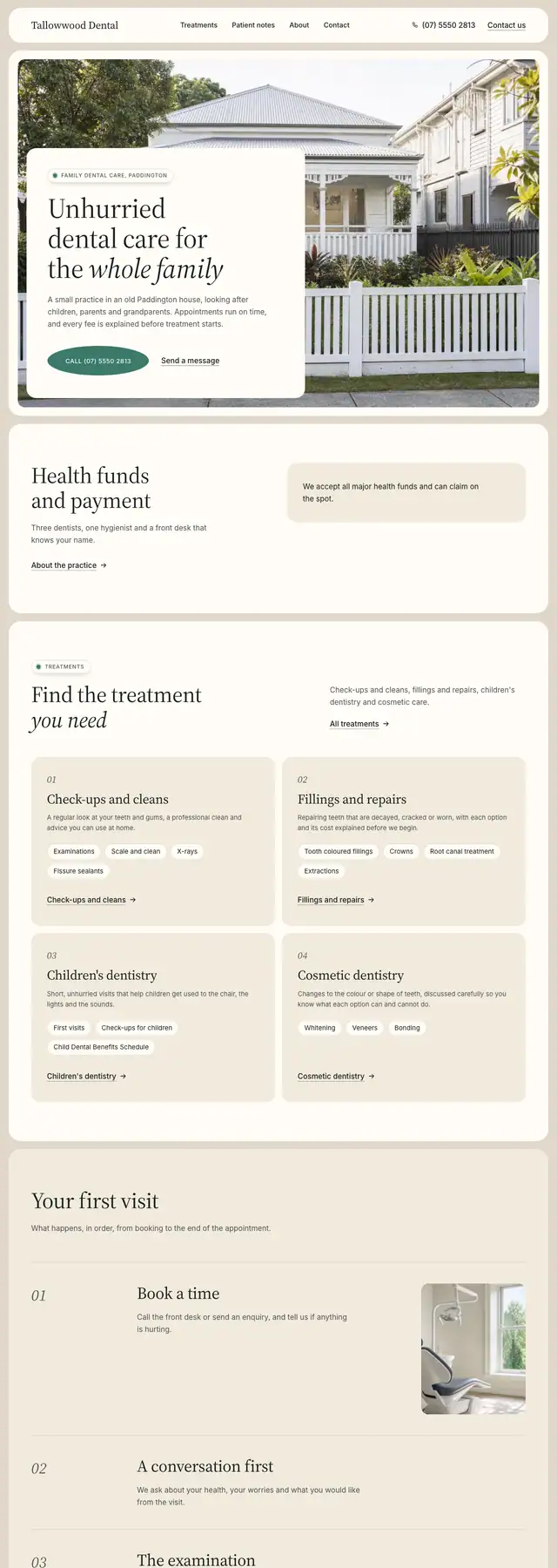 The Tallowwood Dental sample website: a cream card on a framed photograph. Opens the live sample.