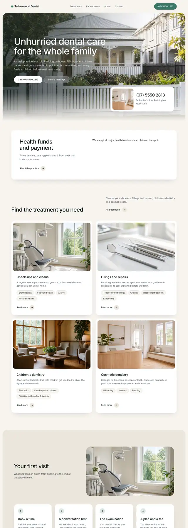The Tallowwood Dental sample website: a rounded photograph and a contact card. Opens the live sample.
