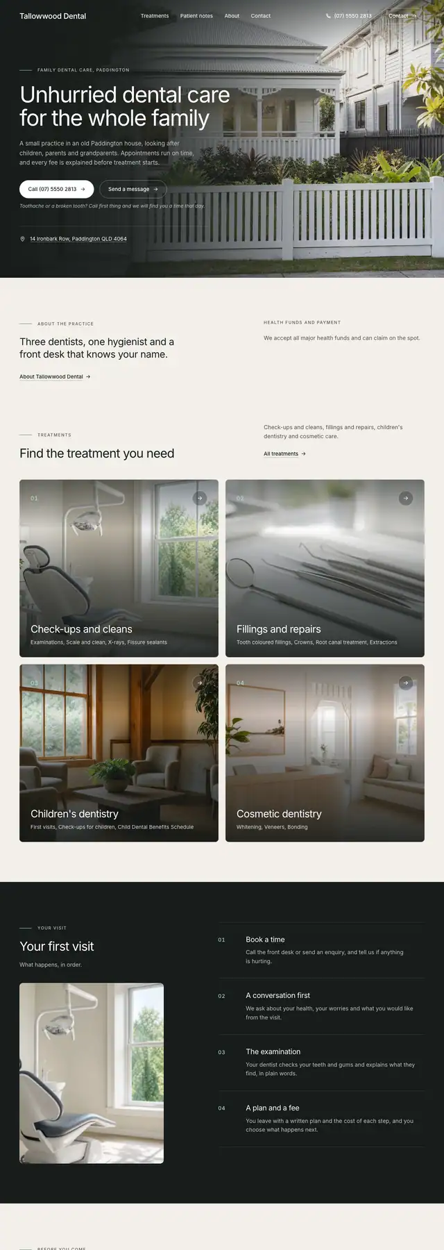 The Tallowwood Dental sample website: a dark veil over the practice. Opens the live sample.