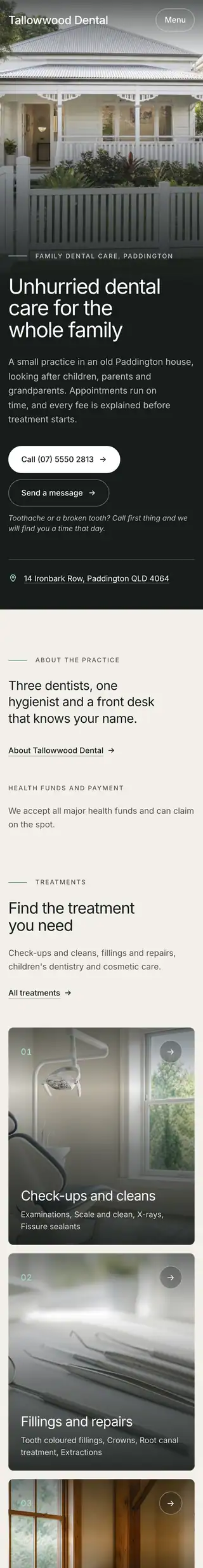 The Tallowwood Dental sample website: a dark veil over the practice. Opens the live sample.