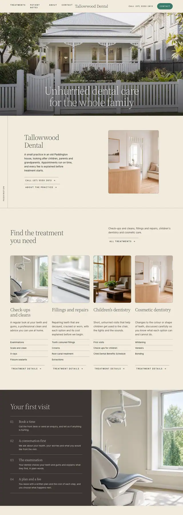 The Tallowwood Dental sample website: photographs first, on a sand ground. Opens the live sample.