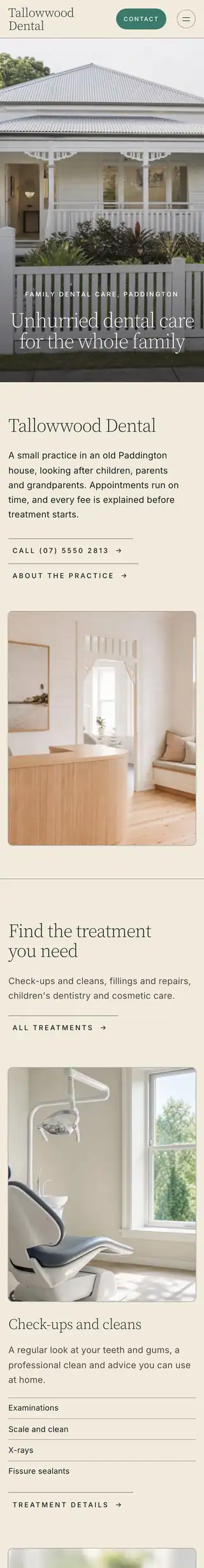 The Tallowwood Dental sample website: photographs first, on a sand ground. Opens the live sample.