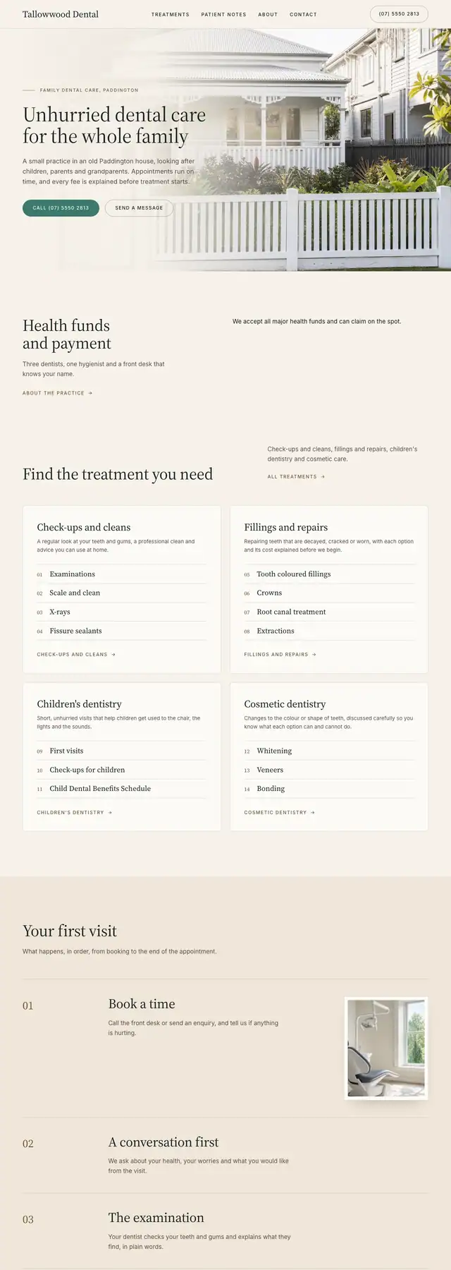 The Tallowwood Dental sample website: type and lists on pale cream. Opens the live sample.