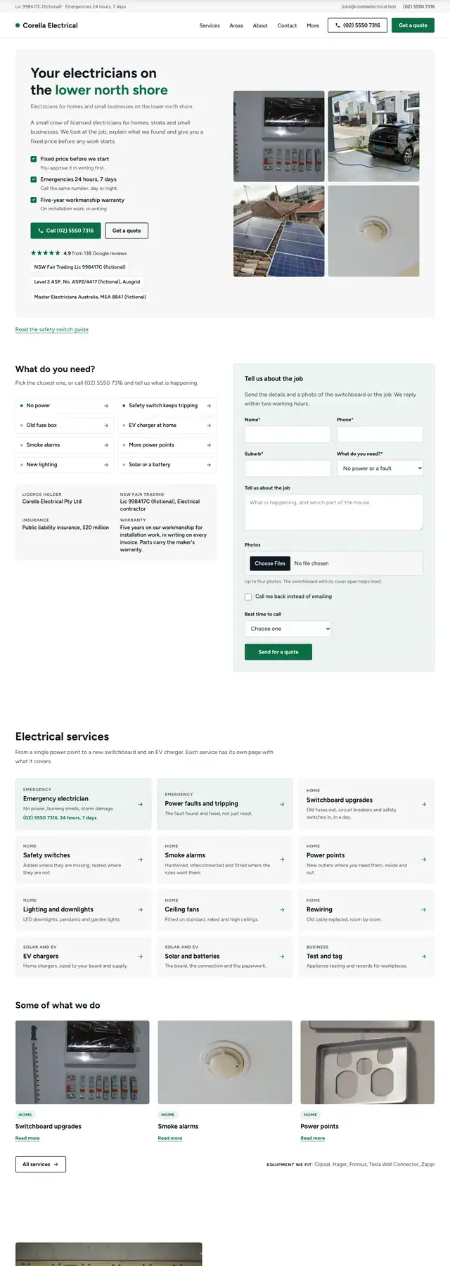 The Corella Electrical sample website: job photographs on a grey card. Opens the live sample.