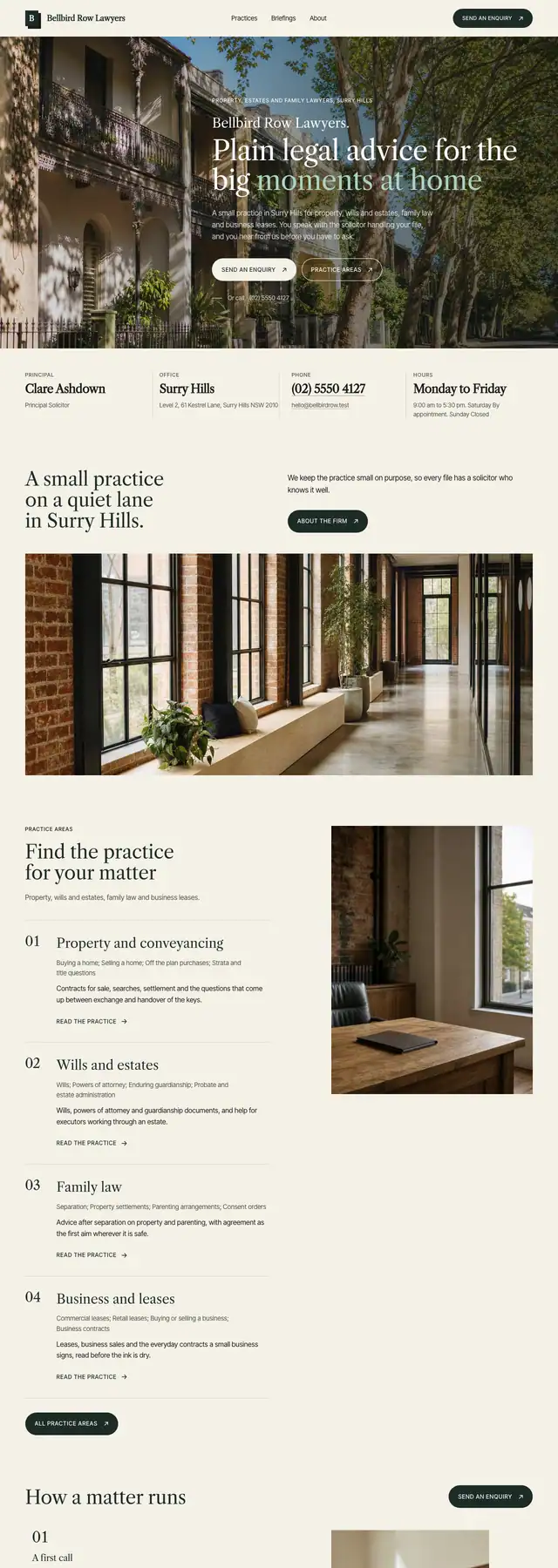 The Bellbird Row Lawyers sample website: a headline down the photograph. Opens the live sample.