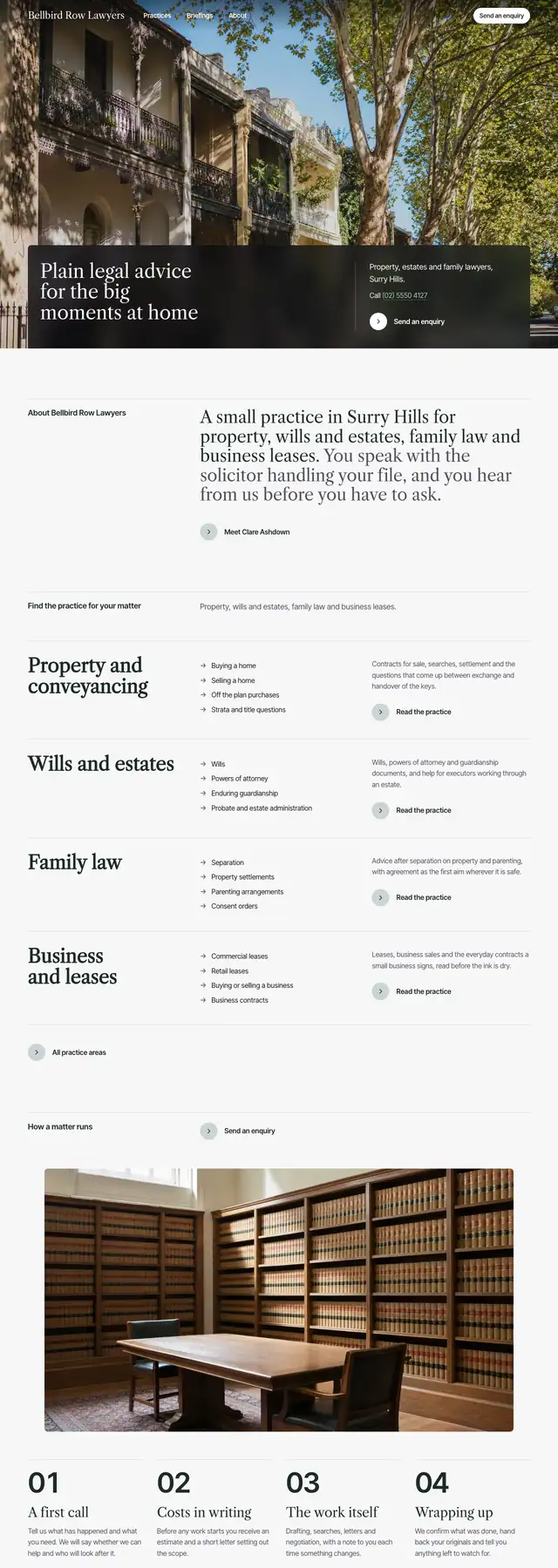 The Bellbird Row Lawyers sample website: a glass panel and fine hairlines. Opens the live sample.
