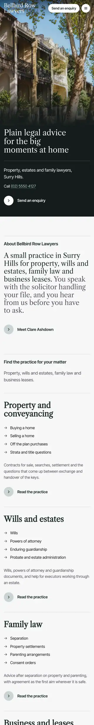 The Bellbird Row Lawyers sample website: a glass panel and fine hairlines. Opens the live sample.