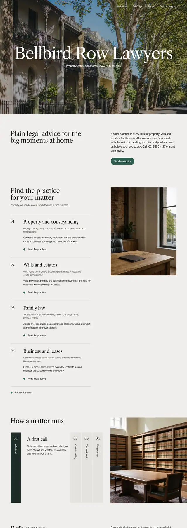 The Bellbird Row Lawyers sample website: a street photograph and a centred serif. Opens the live sample.