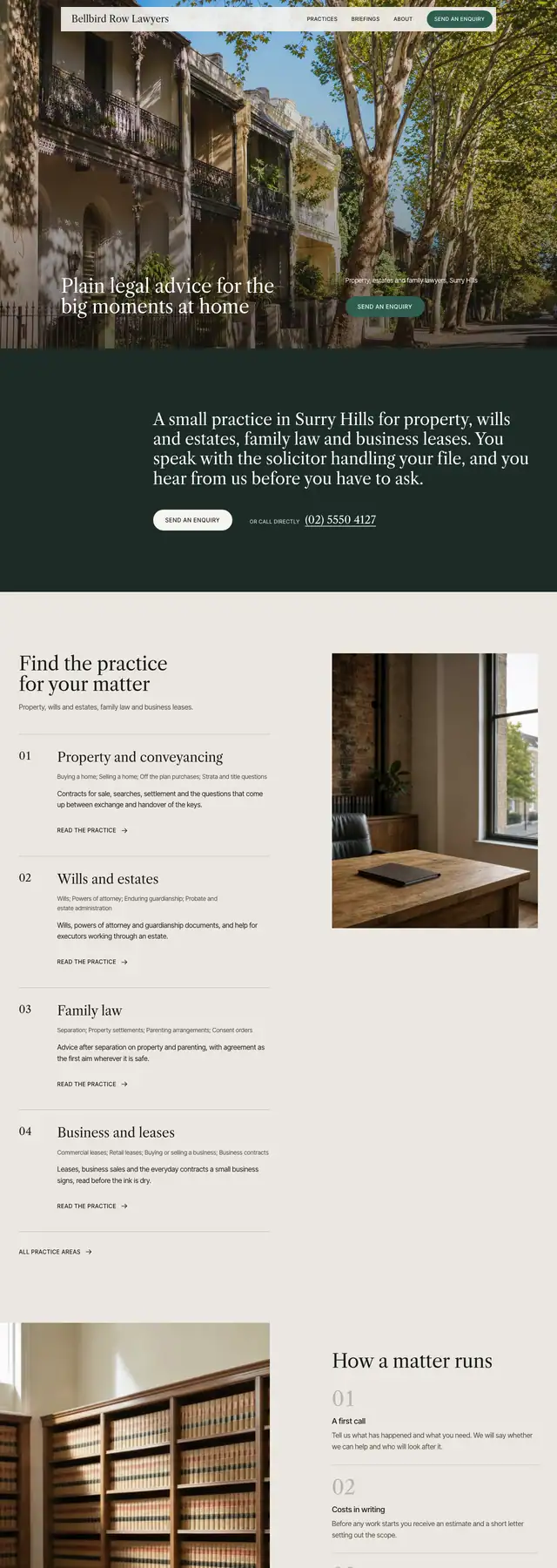 The Bellbird Row Lawyers sample website: warm photographs on a calm grey ground. Opens the live sample.