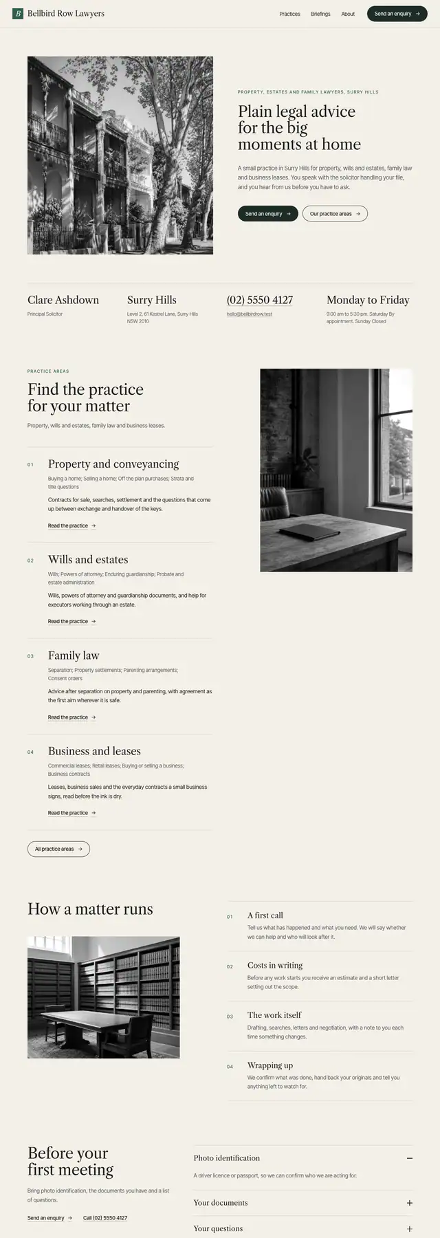 The Bellbird Row Lawyers sample website: cream paper and ruled cells. Opens the live sample.
